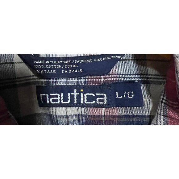 Nautica Mens Large Red & Blue Plaid Short Sleeve Button-Up Shirt - Picture 3 of 3